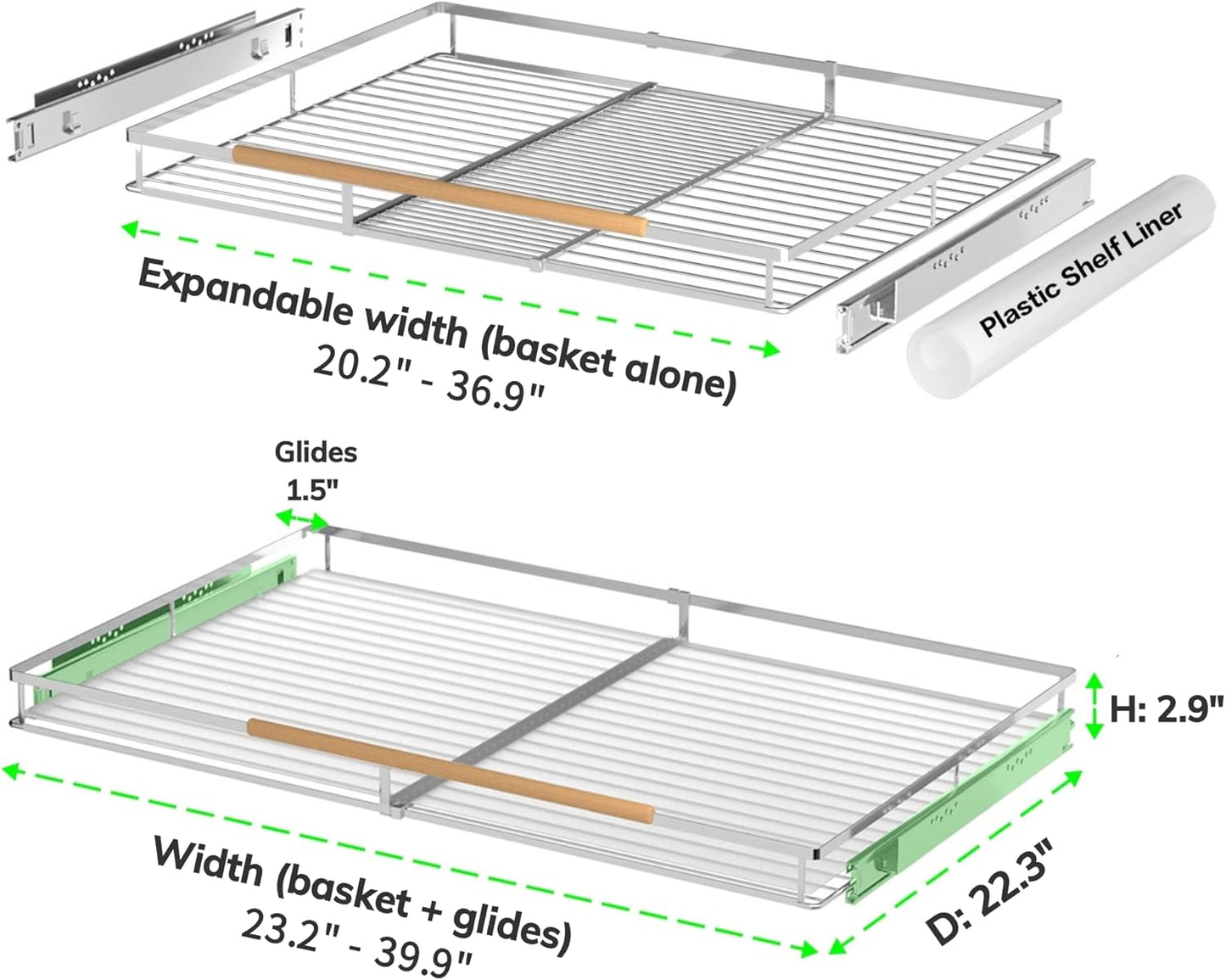 Expandable Pull Out Drawer Cabinet Organizers, Heavy Duty Slide Out Storage Shelf for Home Kitchen Pantry Cupboard Pots Pans, Adjustable Width from 23.2"~39.9", Stainless Steel 2 Pack