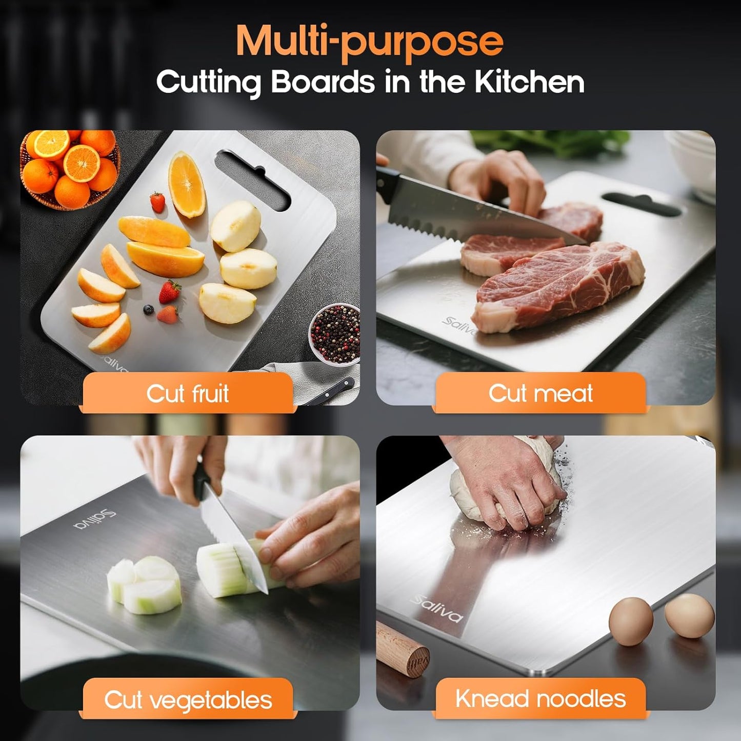 Saliva 3pcs Titanium Cutting Board for Kitchen, Titanium Cutting Boards Set of 3, Non Toxic Double Sided Food Grade, Dishwasher Safe, No Blunt Knife, Chopping Boards with Handle for Meat & Vegetable