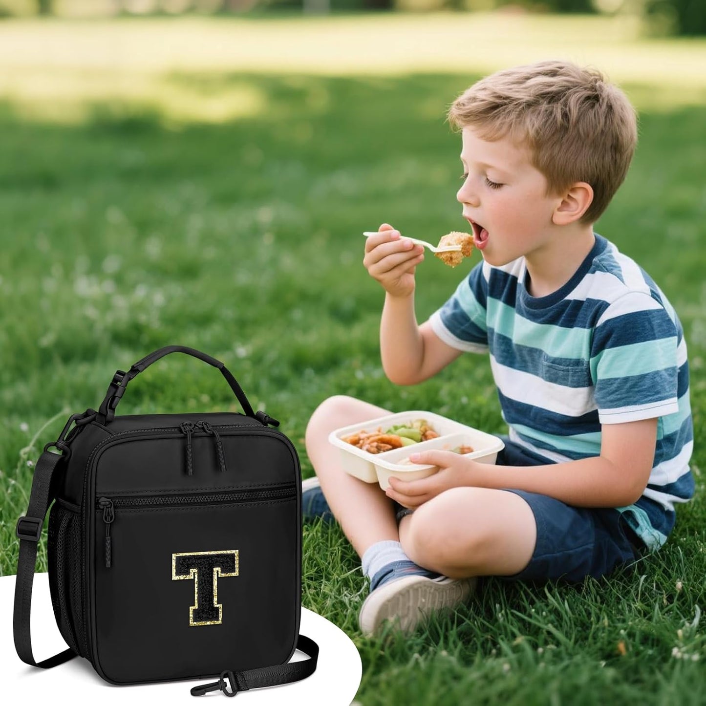 Initial Insulated Lunch Bag for Boys Kids, Back to School Gift, Reusable Leak-proof Lunch Box with Adjustable Strap for School Daycare Travel Picnic（Black，T）