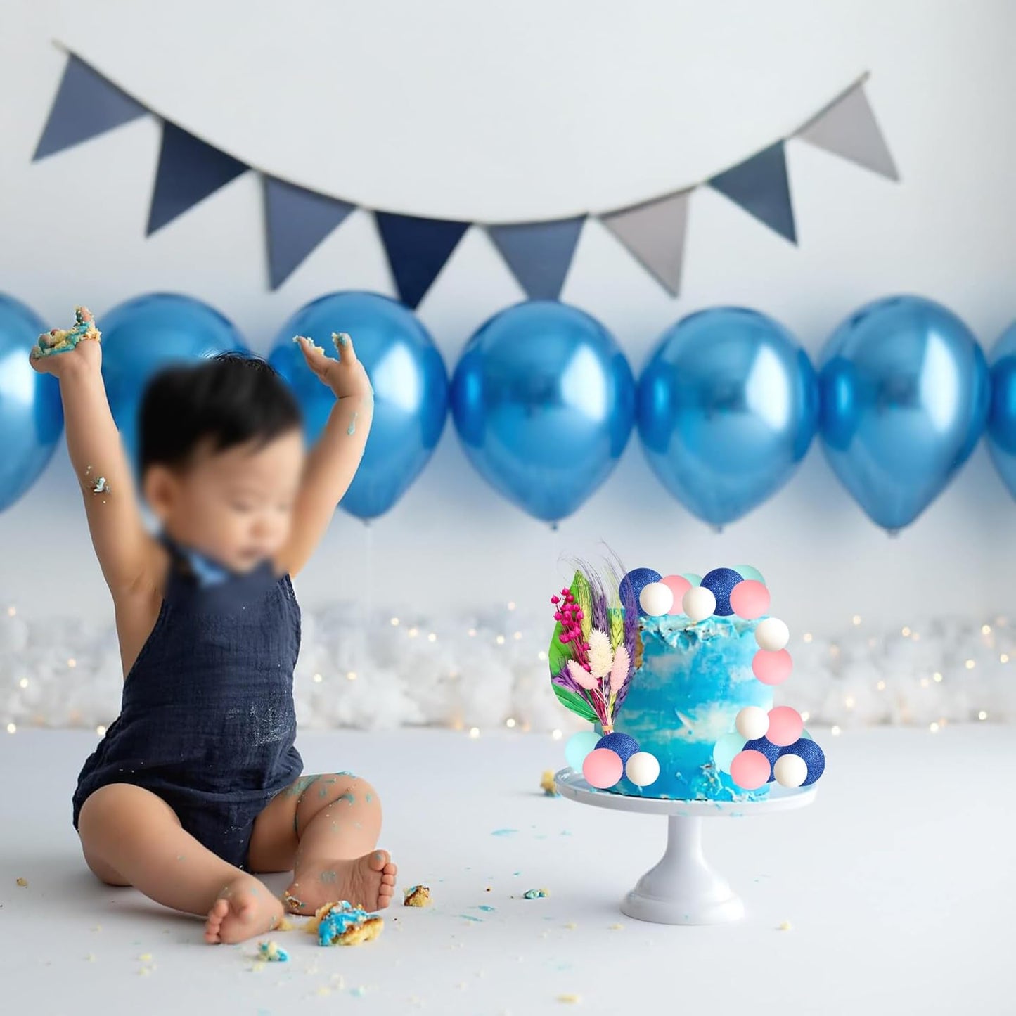 Gyufise 21 Pack Flower Boho Cake Topper Ball Cake Decorations Palm Leaves Plants Cake Decor for Girl Bohemian Princess Theme Wedding Baby Shower Birthday Party Supplies Blue Pink