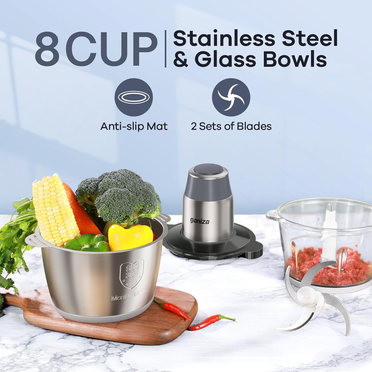 GANIZA Food Processors, Electric Chopper with Meat Grinder & Veggie Chopper - 2 Bowls with Powerful Copper Motor - Includes 2 Sets of Bi-Level Blades for Baby Food/Meat (Grey, 8 Cup+8 Cup)
