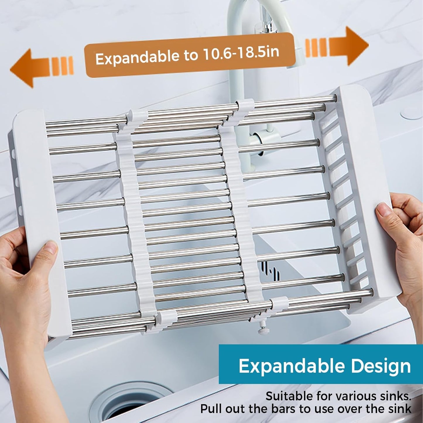 COVRA Over Sink Dish Drying Rack, Stainless Steel Drainer for 11"-19" Sinks, Kitchen Countertop Organizer for Dishes, Vegetables, and Fruits (Black)