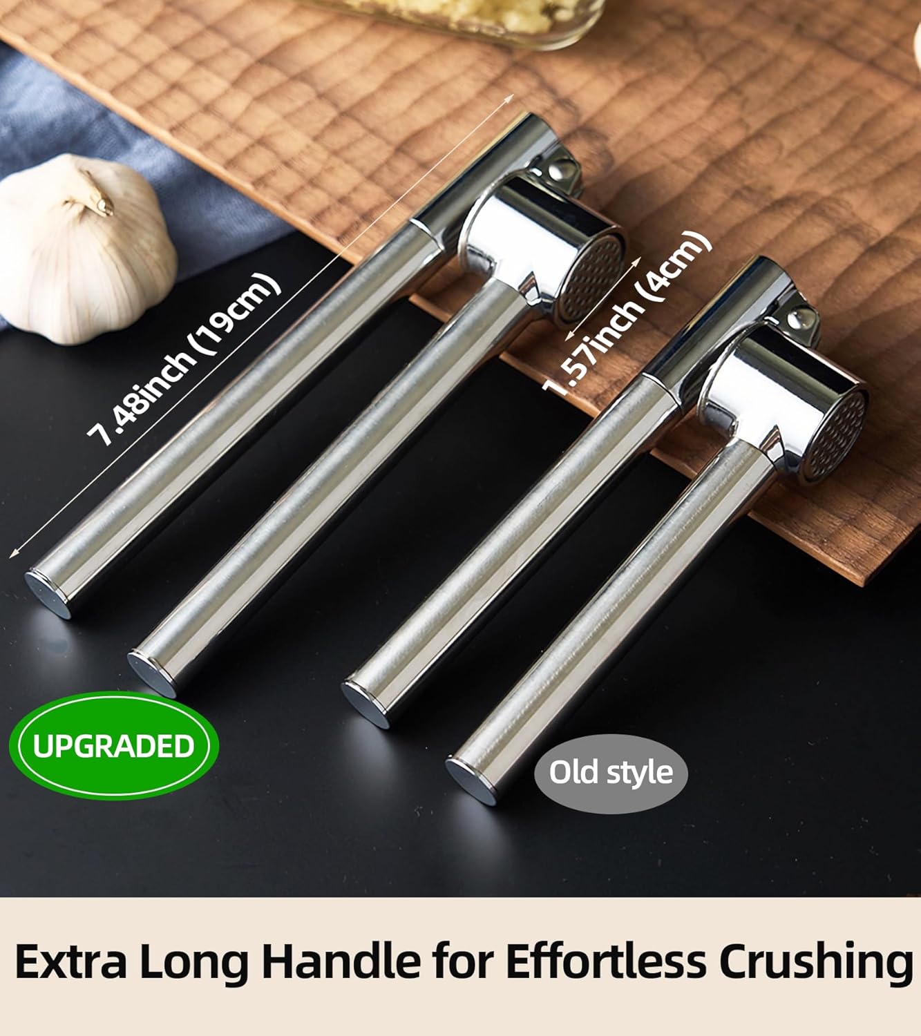 Heavy Duty Garlic Press Stainless Steel 3-Piece Set - Metal Garlic Smasher Press w/Peeler Tool & Clean Brush, Effortless Mincer for Ginger/Garlic (Extended Handle)