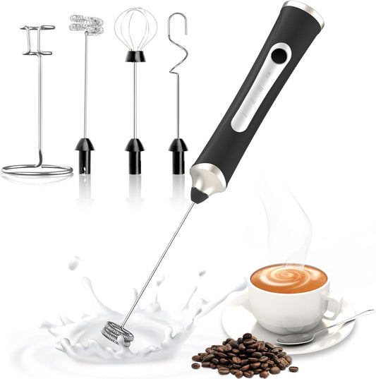 Rechargeable Milk Frother with Stand,Handheld Electric Foam Maker, Waterproof Detachable 3-Speed Adjustable Drink Mixer & Milk Foamer with 3 Stainless Steel Whisks for Lattes, Cappuccino