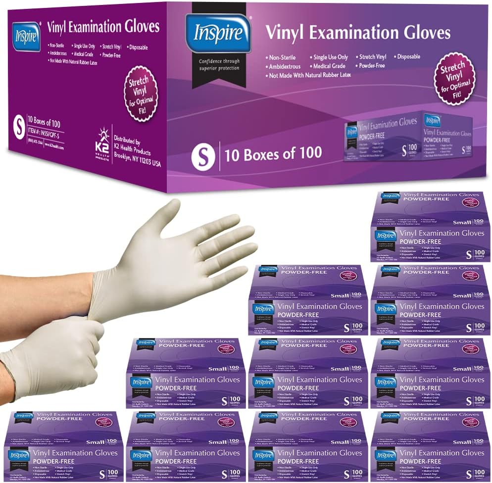 Inspire Stretch Vinyl Exam Gloves | THE ORIGINAL Quality Disposable Latex Free Medical Glove Cleaning Cooking Food Service Labs Healthcare and Household Small, 1000 Count