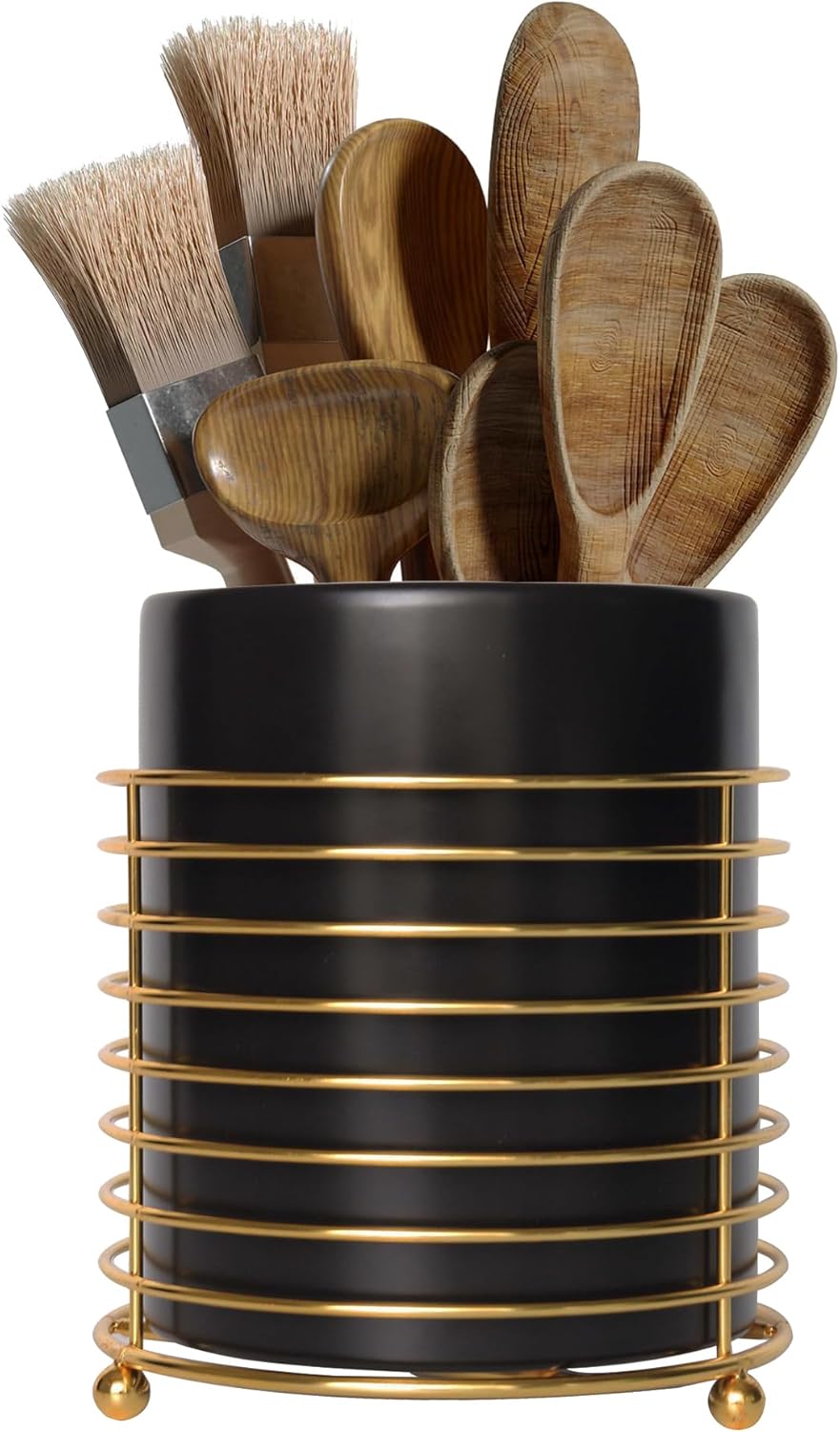 Dining Utensil Holder Cooking Utensil Holder,Gold Ring Metal Frame and Black Ceramics