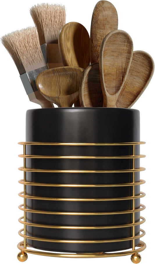 Dining Utensil Holder Cooking Utensil Holder,Gold Ring Metal Frame and Black Ceramics