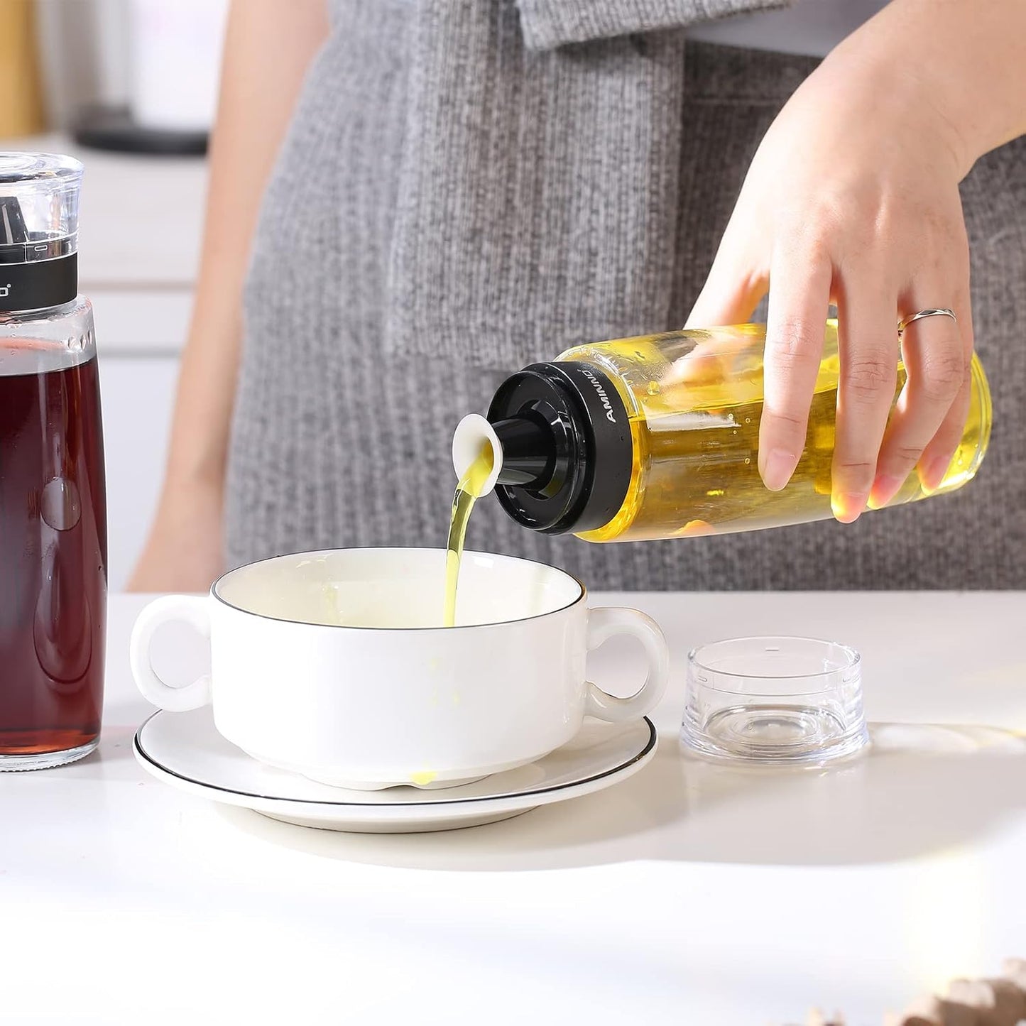 Oil and Vinegar Dispenser 2 Pack, Olive Oil and Vinegar Cruet Dispenser Bottle,Wide Opening(Easy Refilling) with lids, Sealed leakproof, Glass Oil Bottle for Kitchen Cooking, 9.5oz/280ml