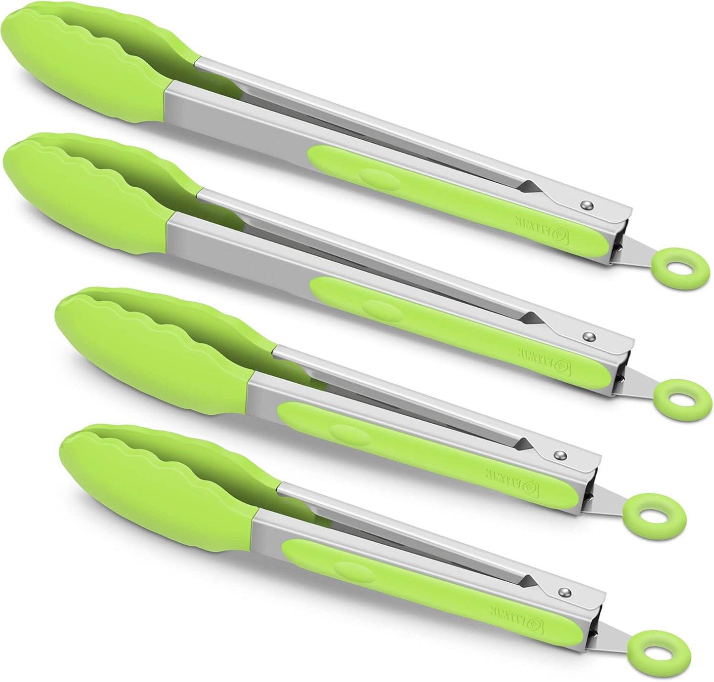 4 Pack Green Kitchen Tongs, Premium Silicone BPA Free Non-Stick Stainless Steel BBQ Cooking Grilling Locking Food Tongs, 9-Inch & 12-Inch