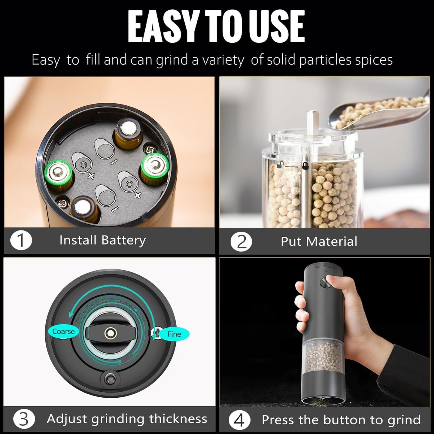 Electric Pepper Grinder or Salt Mill, Battery Operated Automatic Pepper Mill with LED Light, One-handed Operation Button Control, Adjustable Coarseness, Refillable, 70ml, Black (1 Pack)