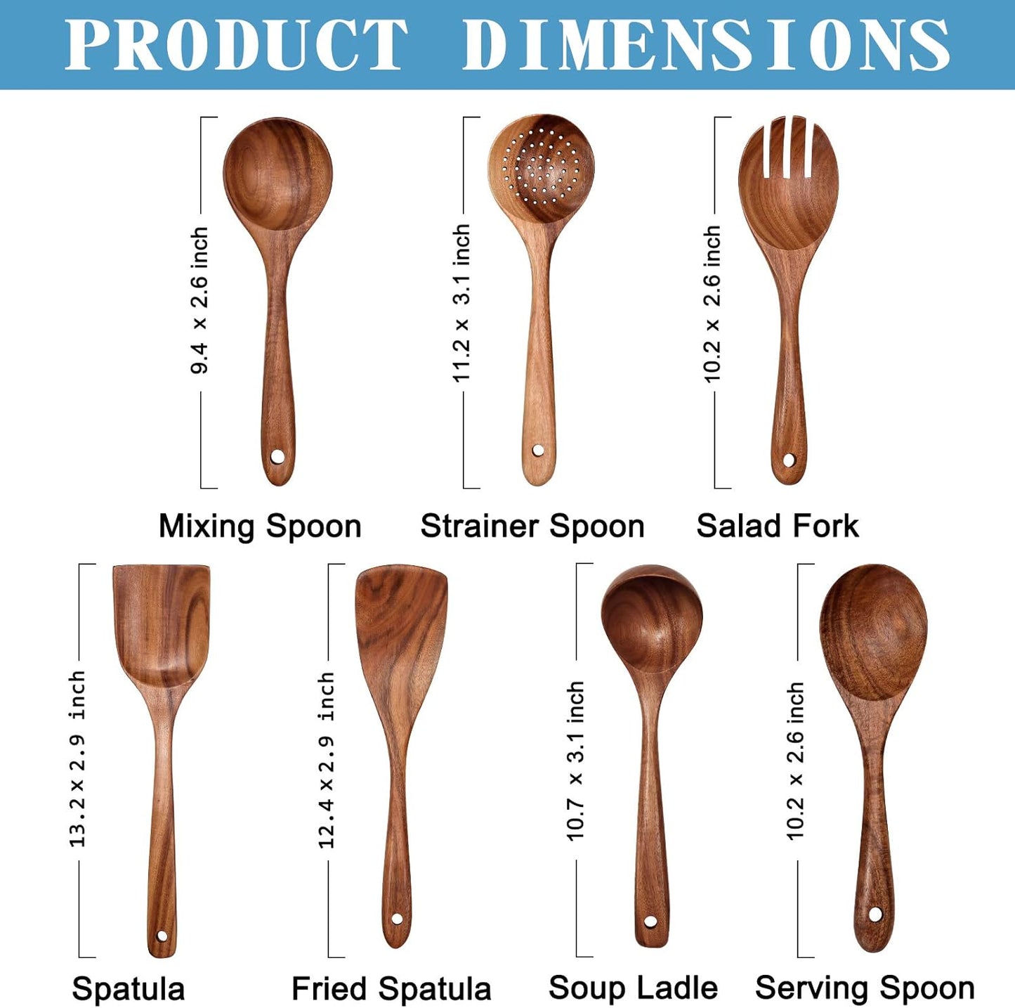 Wooden Non-Stick Kitchen Pan Toolset 7 Pieces Set,100% Natural Teak Kitchen Utensils Spatula, Wooden Cooking Utensils Spoons, Fried Spatula and Salad Fork