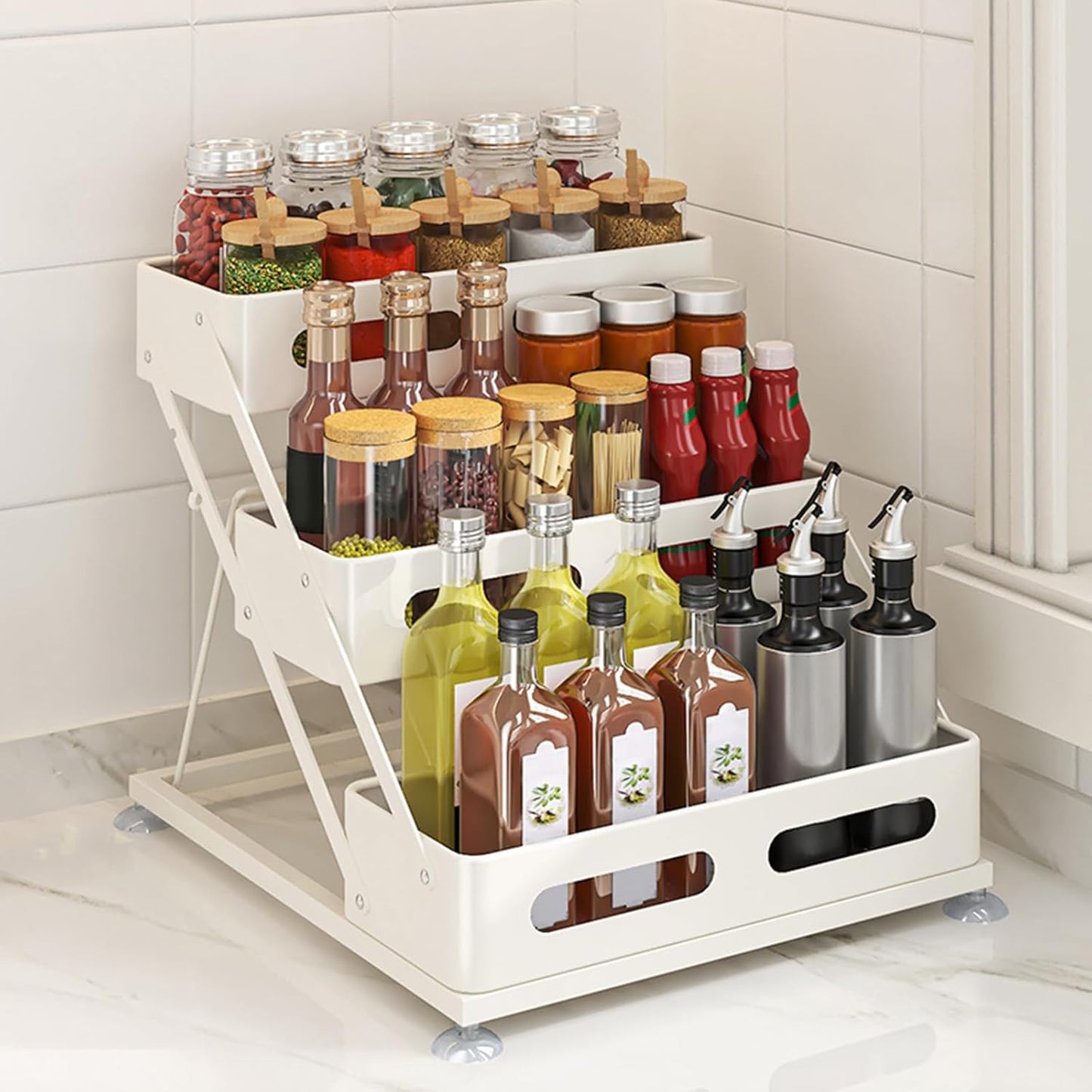 3 Tier Foldable Spice Rack for Countertop Iron Kitchen Seasoning Organizer for Cabinet, White