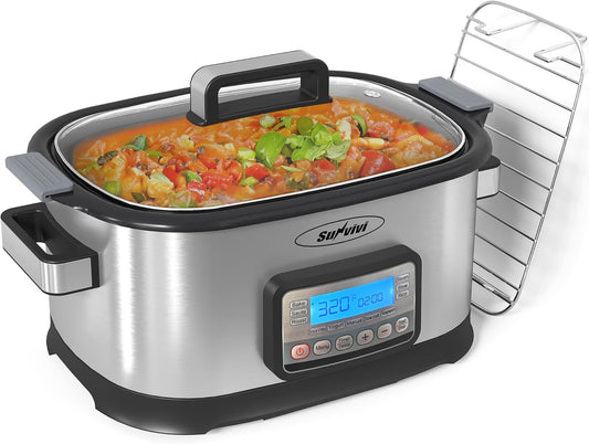 Sunvivi 6.5 Quart Slow Cooker Roaster Oven：11 in 1 programmable Multi-Cooker Food Warmer with Digital Timer, Temp Control, Removable Nonstick Cast Aluminum Pot & Dishwasher-Safe Tempered Glass Lid