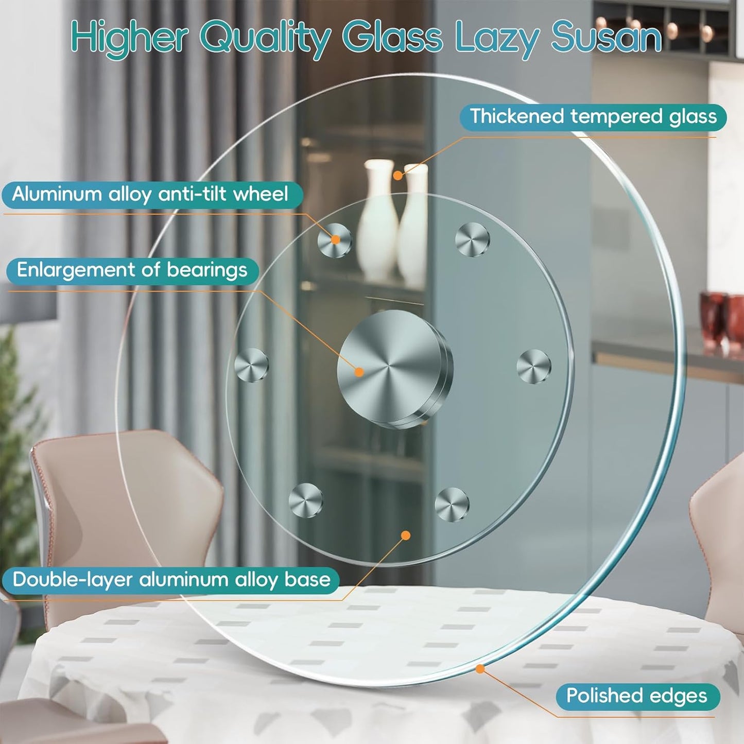 31" Large Lazy Susan for Dining Table Kitchen Glass Turntable with Aluminum Alloy Bearing, Smooth Swivel