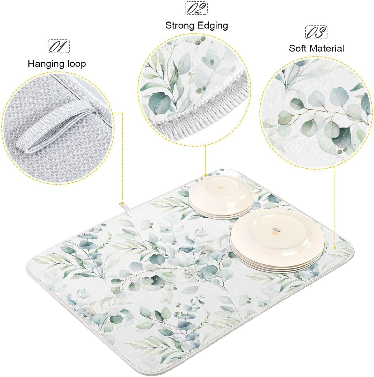 Green Sage Eucalyptus Leaves Dish Drying Mat for Kitchen Counter Absorbent Microfiber Drying Pad, Medium 16x18 in, Reversible Drainer Mats