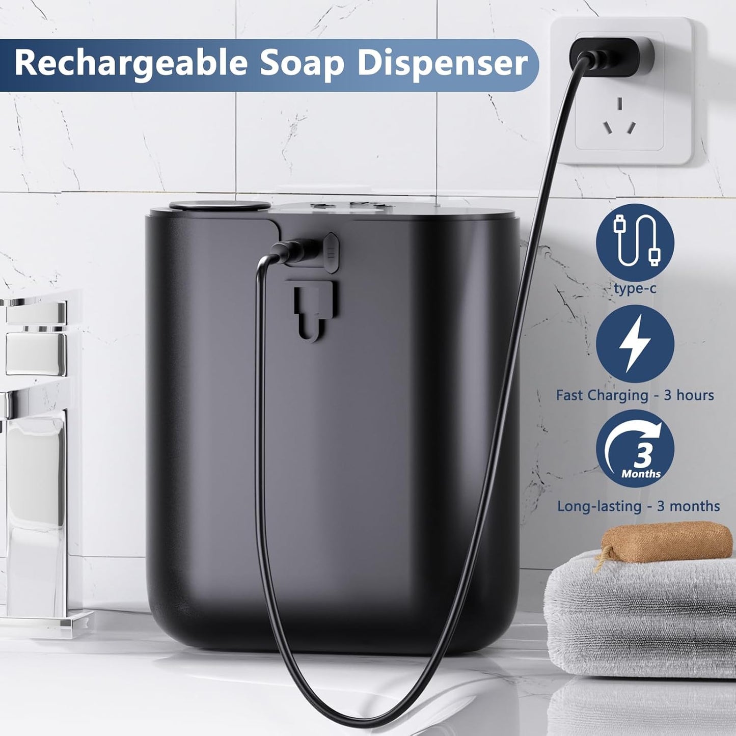 Automatic Liquid Soap Dispenser Touchless, 1200mAh Rechargeable Smart Hand Soap Dispenser, 9-Level Adjustable, 16.9oz/500mL Wall Mount for Bathroom Kitchen Office Dish Soap,Hands-Free,Black