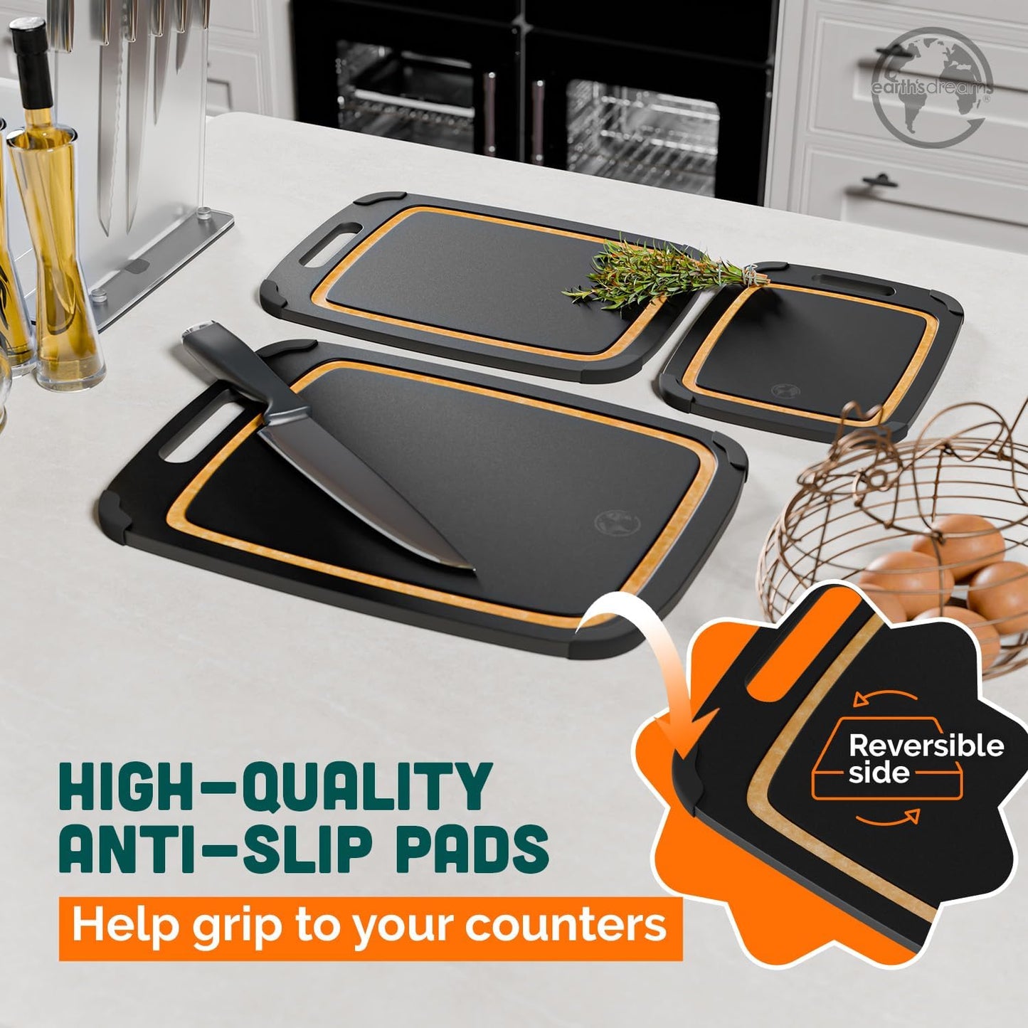 Earth’s Dreams Wood Cutting Board Set 3-Piece: Small, Large & Extra Large - Charcuterie Board, Non-Plastic, Non-Toxic, Heavy-Duty, Dishwasher Safe (Black/Tan)