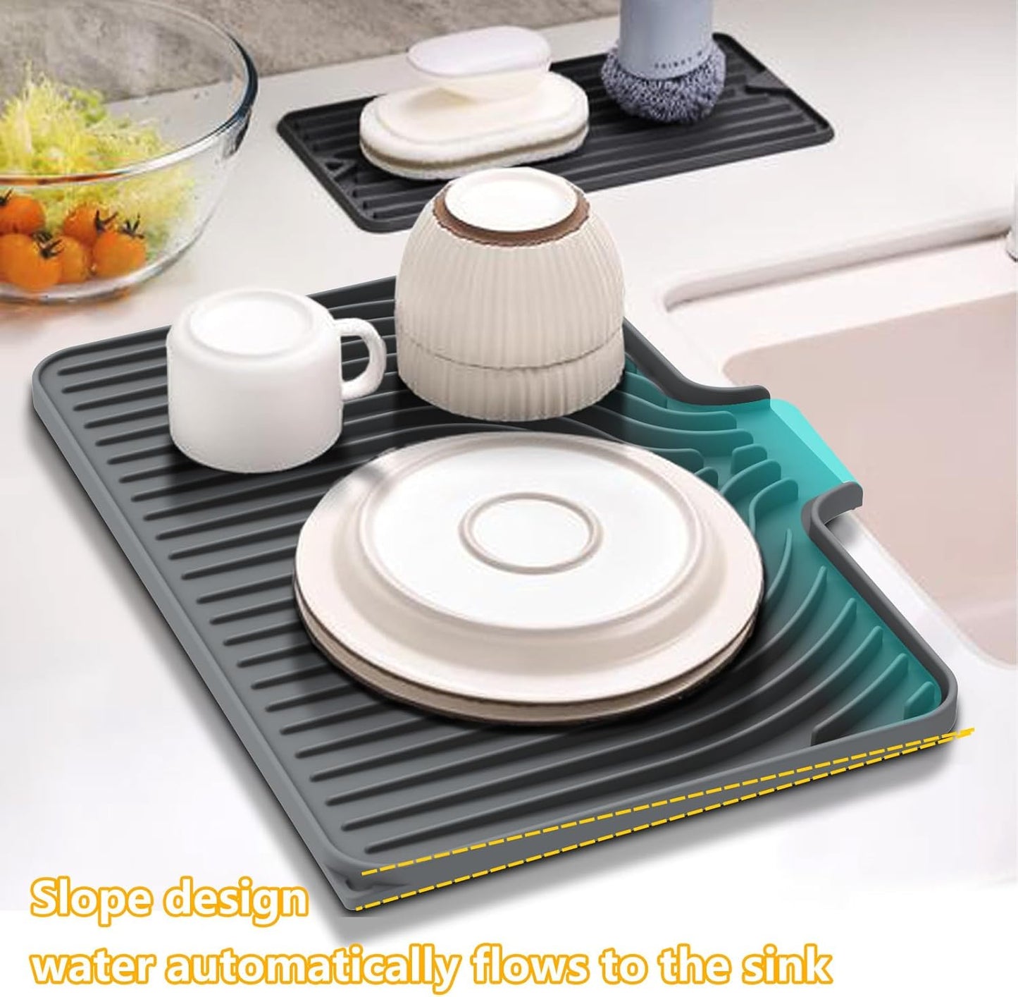 Silicone Drying Mat for Kitchen Counter, 18"×12" Silicone Dish Drying Mat with Board Drain,Rubber Kitchen Counter Dry Matt for Dishes Drying Rack(gray)