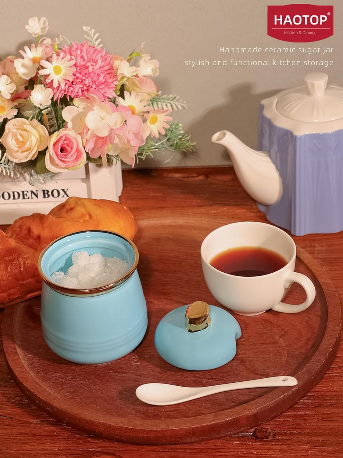 HAOTOP 12oz Sugar Bowl with Lid and Spoon,Simple Ceramic Sugar Jar Sugar Container Sugar Dispenser Coffee Bar Accessories, Modern Kitchen Countertop Canisters, Turquoise