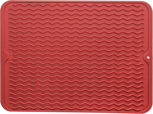 Silicone Dish Drying Mat for Multiple Usage,Easy clean,Eco-friendly,Heat-resistant Silicone Mat for Kitchen Counter or Sink,Refrigerator or drawer liner Red L 16 inches x 12 inches