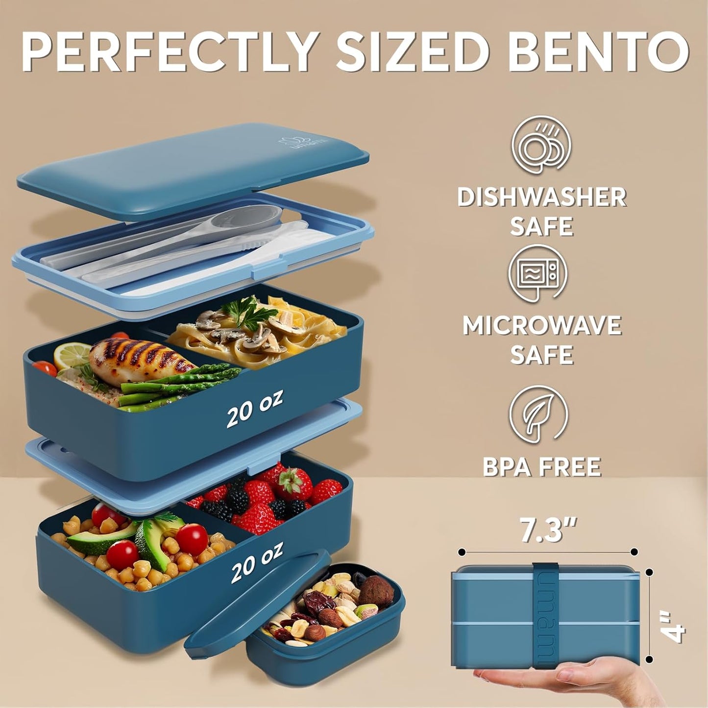 Umami Bento Box Adult All-In-1 w/4 Utensils, Big Sauce Jar, 2 Dividers, 100% Leakproof, Microwave & Dishwasher Safe, Stackable Bento Lunch Box Containers for Men/Women, Denim Blue, 40 oz