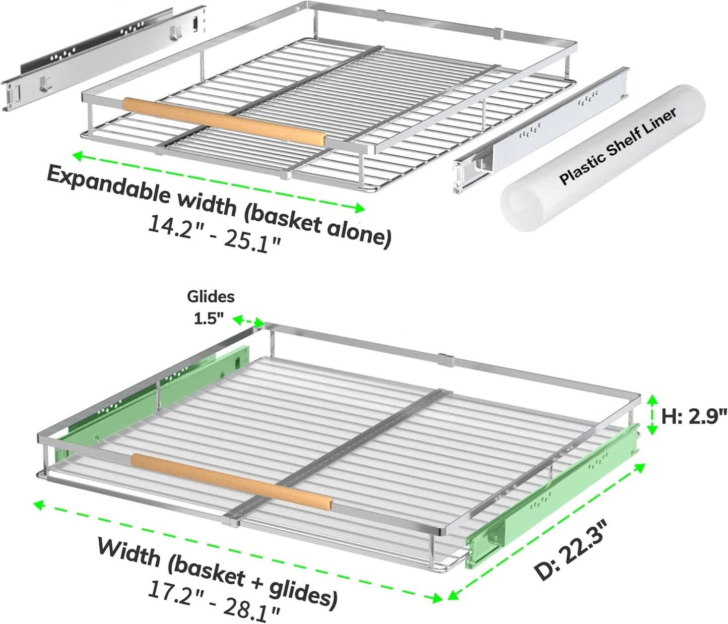 Expandable Pull Out Drawer Cabinet Organizers, Heavy Duty Slide Out Storage Shelf for Home Kitchen Pantry Cupboard Pots Pans, Adjustable Width from 17.2"~28.1", Stainless Steel 2 Pack