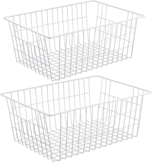 Redrubbit Wire Storage Baskets, Large Farmhouse Metal Freezer Basket Storage Organizer Bins with Handles for Kitchen Cabinets, Pantry, Closets, Bedrooms, Bathrooms, Set of 2, White