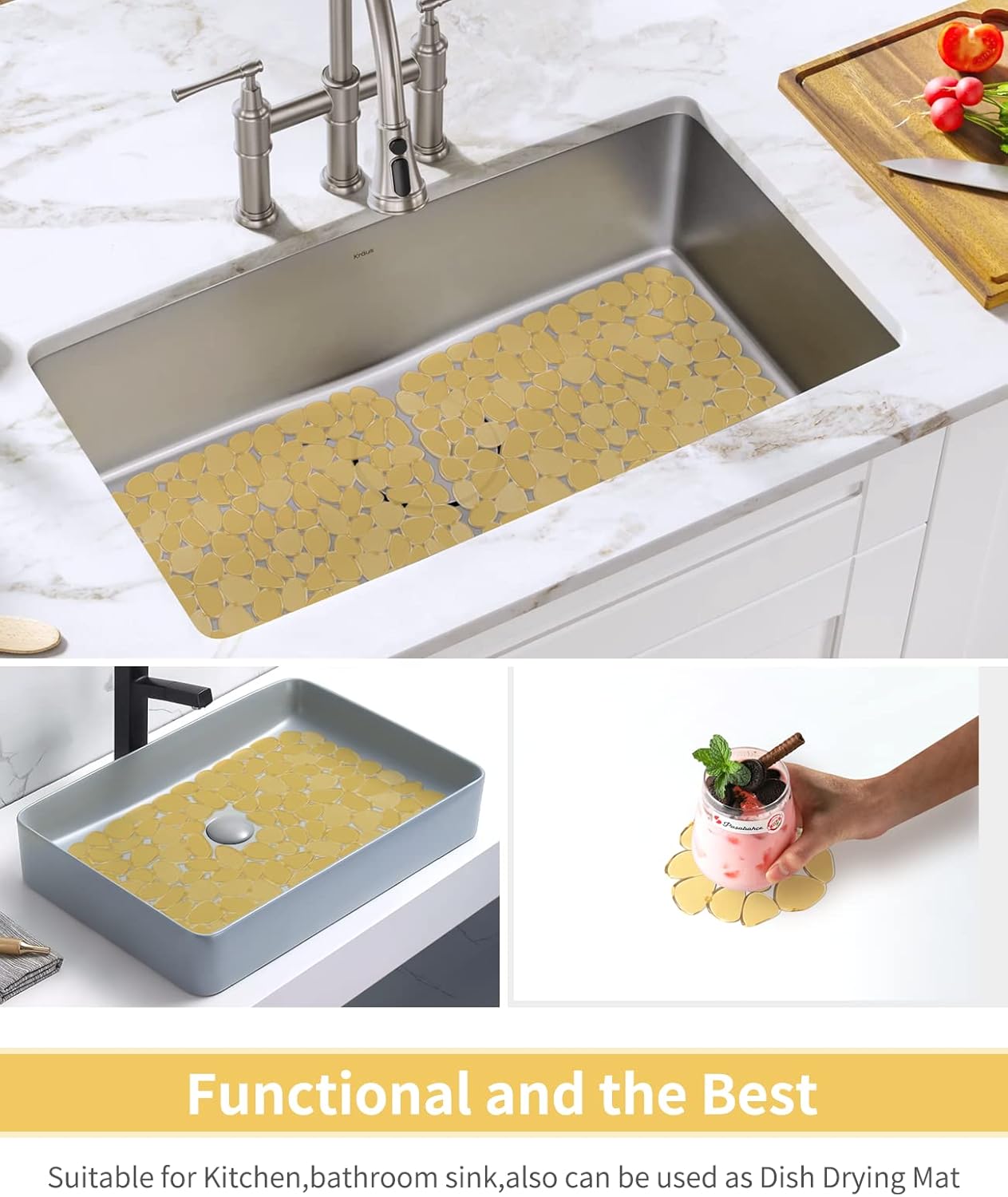 Bligli Pebble Sink Mat for Stainless Steel/Ceramic Sinks, 2 Pack PVC Sink Protectors Mats for Bottom of Kitchen Sink, Dish Drying Mat for Dishes and Glassware, 15.7 x 11.8 inch, Clear Yellow