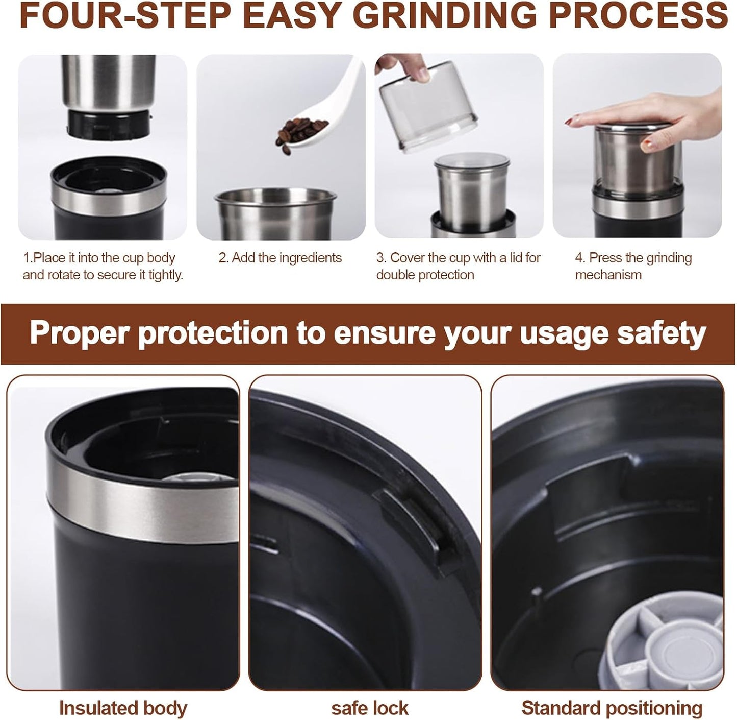 Electric Coffee Grinder, Dual Stainless Steel Bowls for Beans Spices Nuts Wet&Dry Grinding 30000RPM Overheat Protection Compact for Kitchen Herbs Spices Nuts Grains Espresso