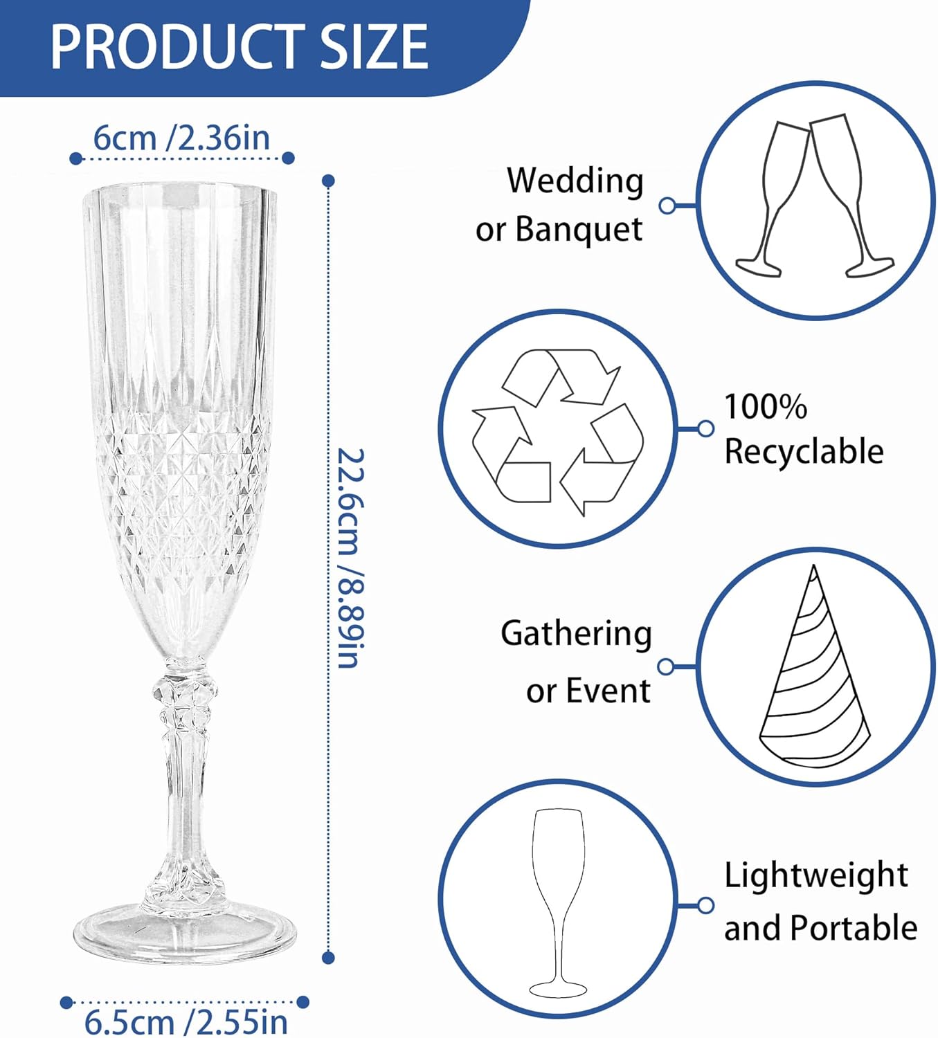 Plastic Champagne Flutes, 24PCS White Transparent Plastic Wine Glasses Goblets Shatterproof Reusable Champagne Flute for Weddings, Bachelor Parties, Toasting, and Events(24,Transparent)