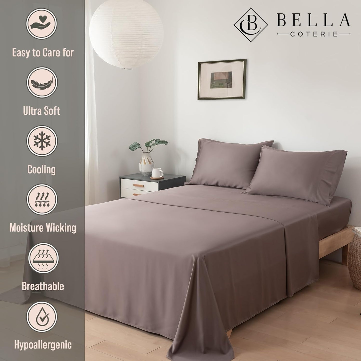 Bella Coterie Luxury Bamboo Viscose Twin XL Size Sheet Set | 100% Organically Grown | Ultra Soft | Cooling for Hot Sleepers | 18" Deep Pocket [Mocha]