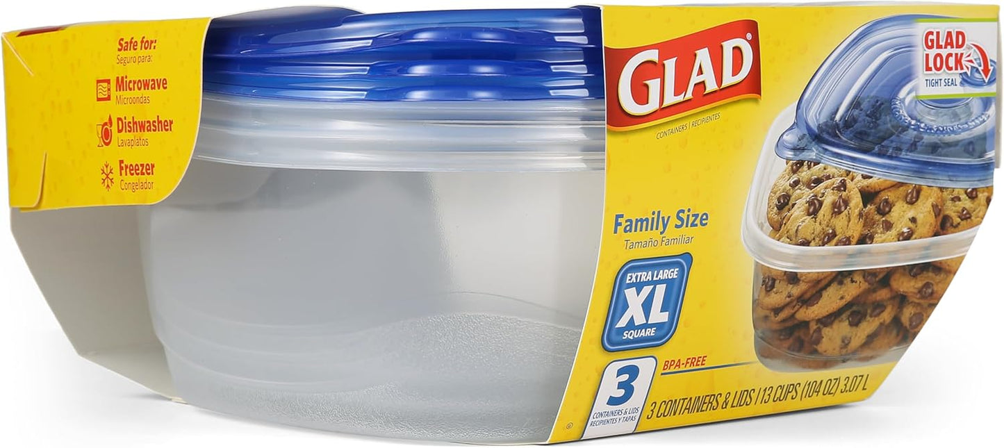 Glad GladWare Family Size Food Storage Containers, XL Square - Meal Container Holds up to 104 Ounces of Food - Lock Tight Seal, 3 Count