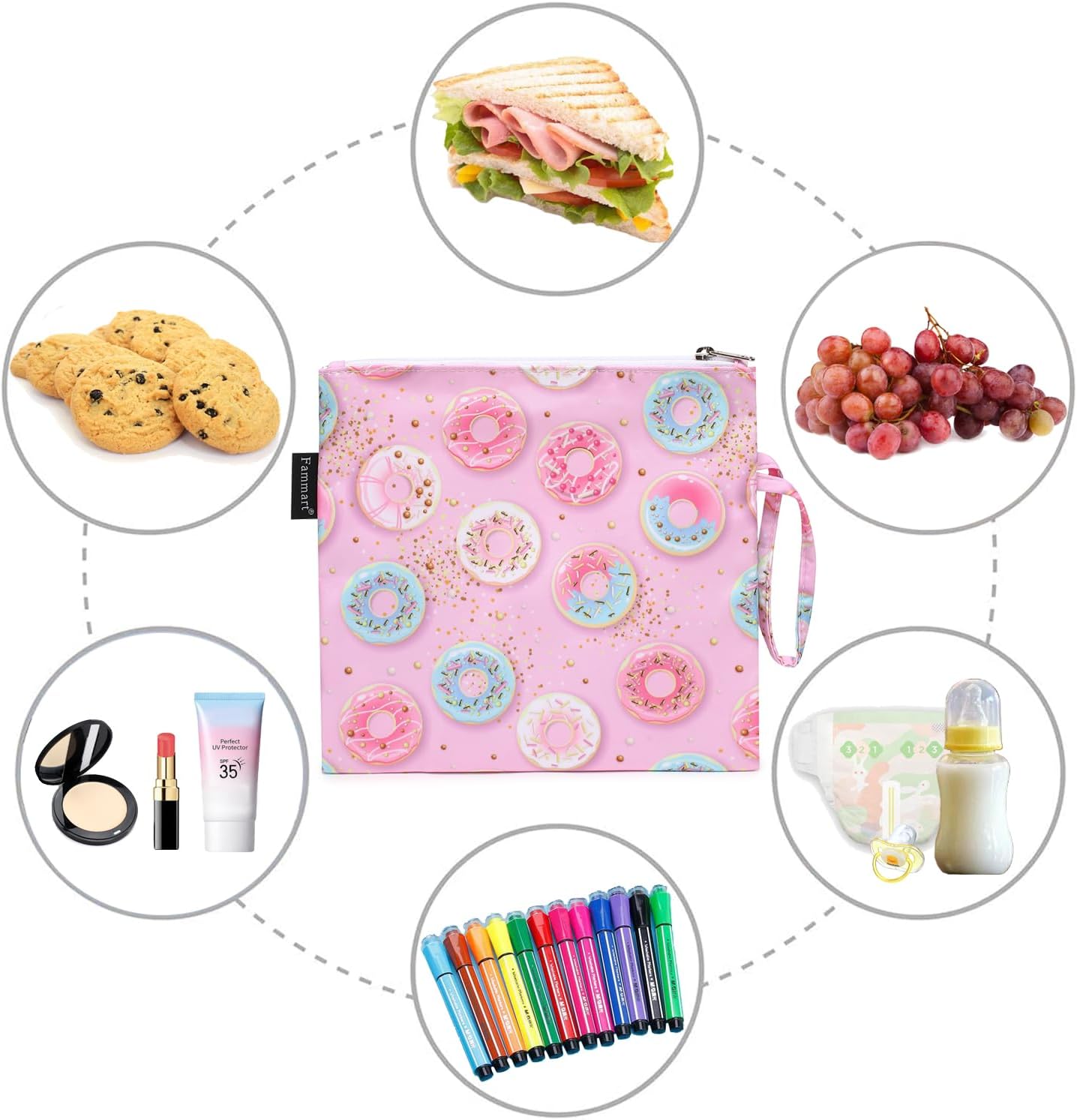 Reusable Sandwich Bag/Snack Bag for Kids & Adults, Dual Layer Lunch Bag with Handle, Washable, Food Safe, BPA Free (1-Pack, Colorful Donut)