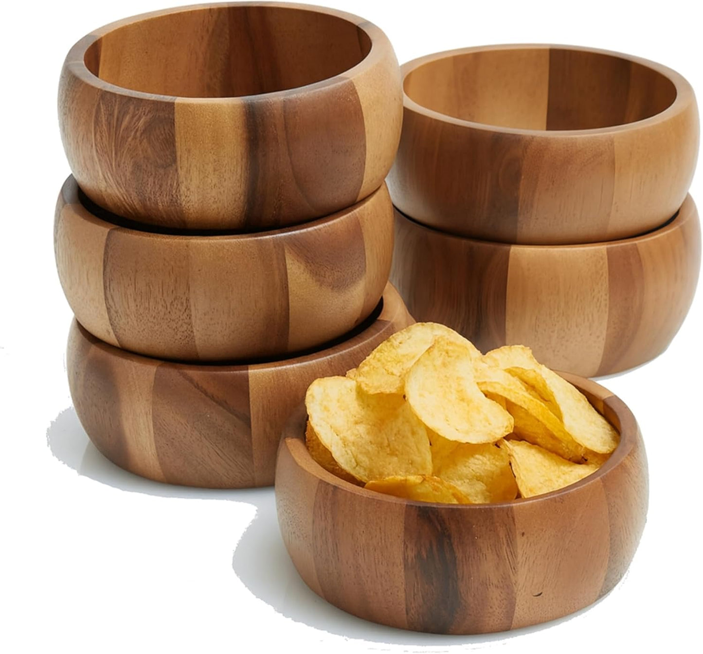 Woodard & Charles Set of 6 Acacia Wood Large Individual Salad Bowls, Snack Serving Bowls, 6 1/2" x 2 1/2"