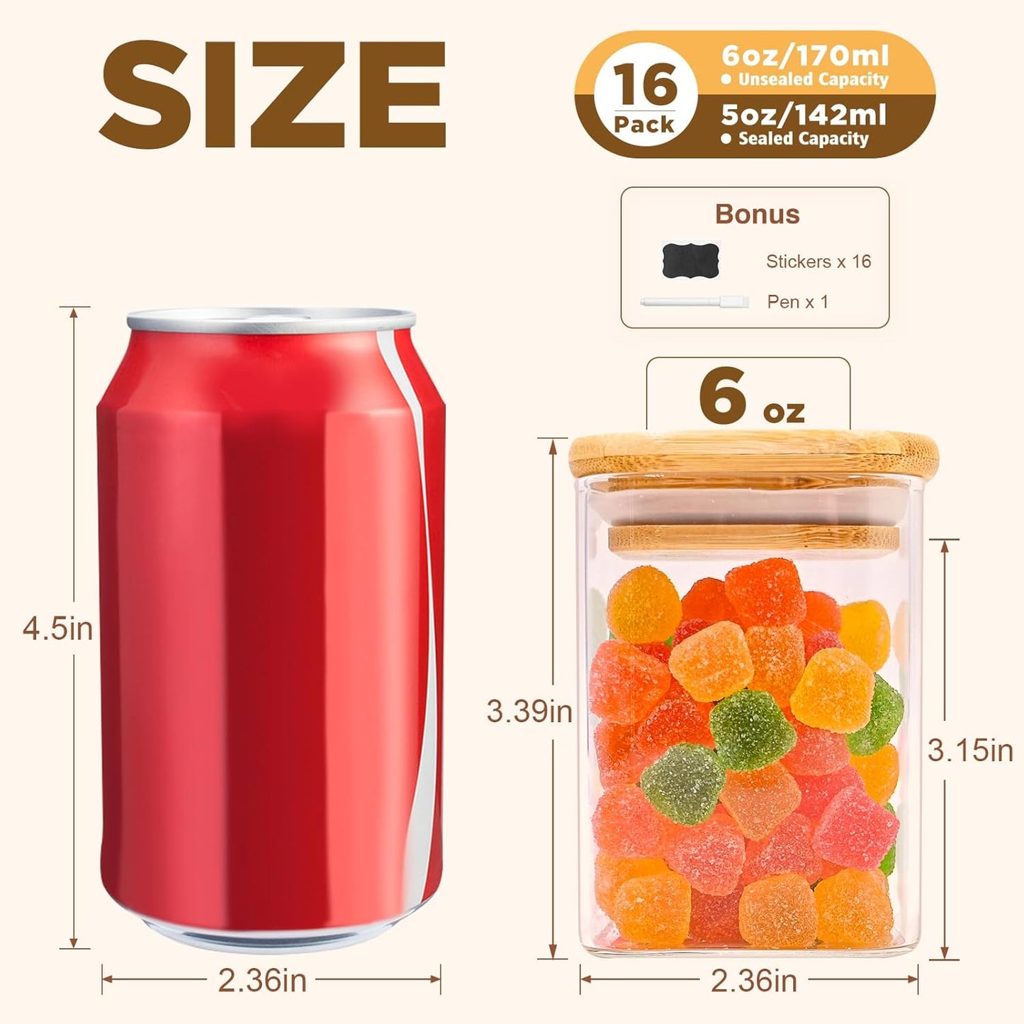 Glass Food Storage Jars Square 6oz, 16 Pack Glass Jars With Bamboo Lids, Kitchen Storage Containers For Spice, Candy, Cookie, Storage For Pantry Organizers