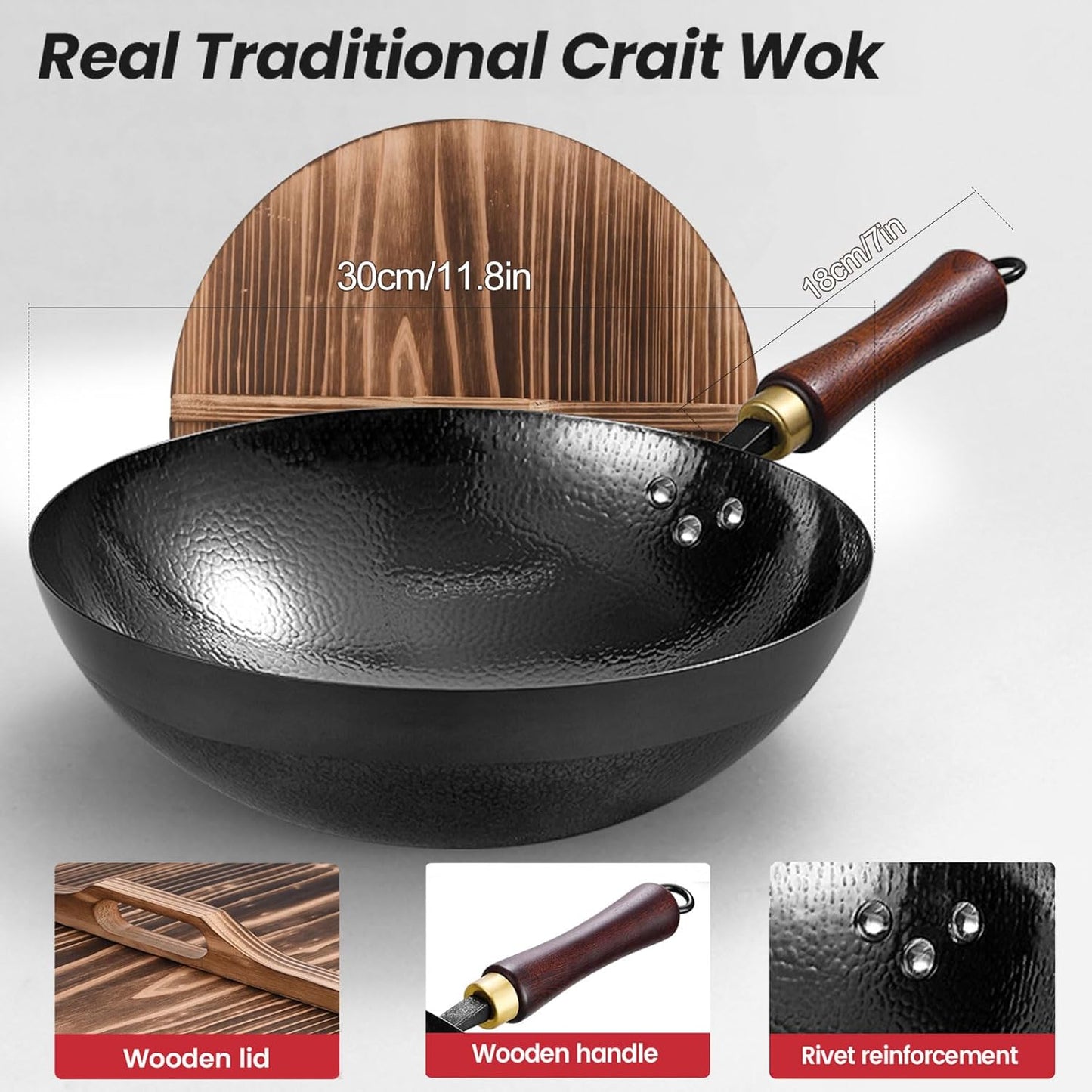 Carbon Steel Pan, 11.8″ Woks & Stir-Fry Pans with Wooden Lid Cookwares, Nonstick Wok, No Chemical Coated Round Bottom Hand Hammered Chinese Wok For Gas