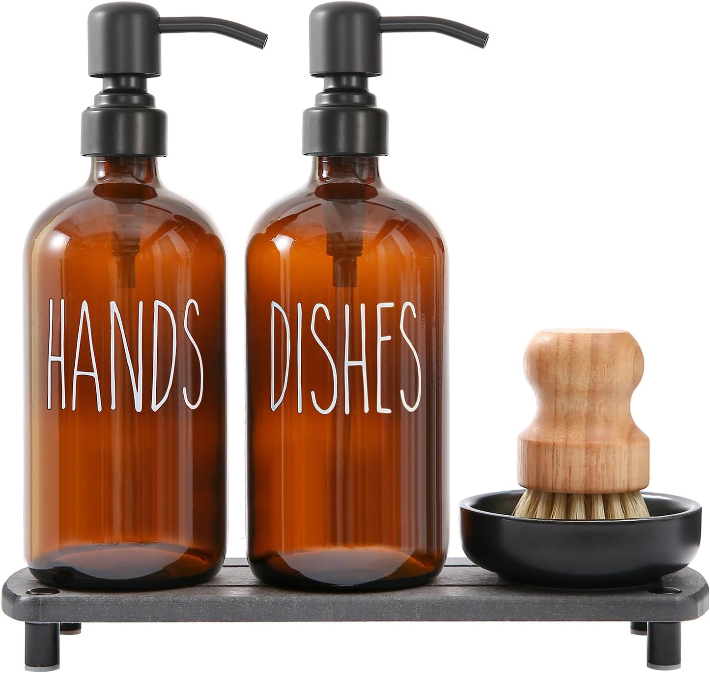 MOMEEMO Amber Glass Soap Dispenser Set Comes with Stainless Steel Pumps, Instant Dry Tray, and Dish Scrub Brush, Suitable for Soap Dispenser for Kitchen Sink. (Amber)