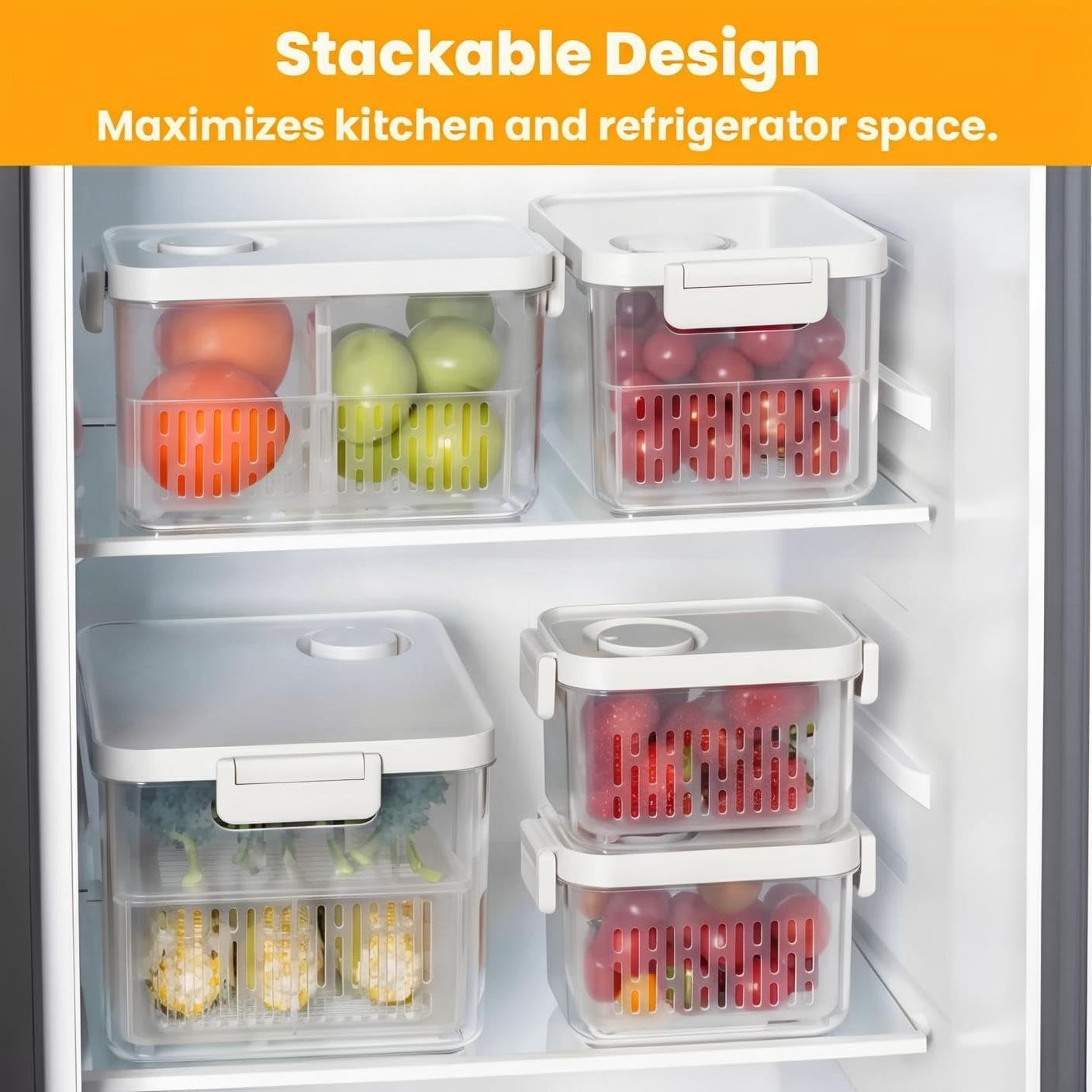 vacane Clear Fruit Containers for Fridge with Timing Knob, Produce Saver with Lids & Colanders, Dishwasher Safe Berry Containers, Keep Vegetable Food Fresh