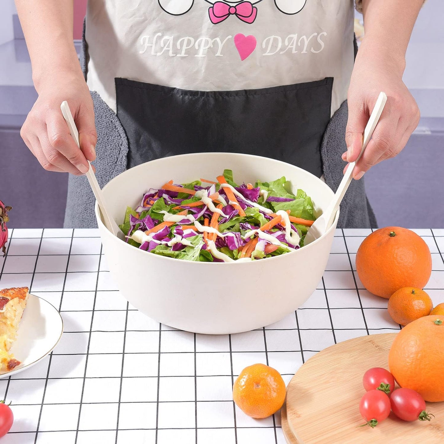 Bamboo Fiber Salad Bowl with Servers Set Large 9.8inches Nature Bamboo Mixing Bowl with Servers with Lid Spoon and Fork for Fruits,Salads and Vegetables