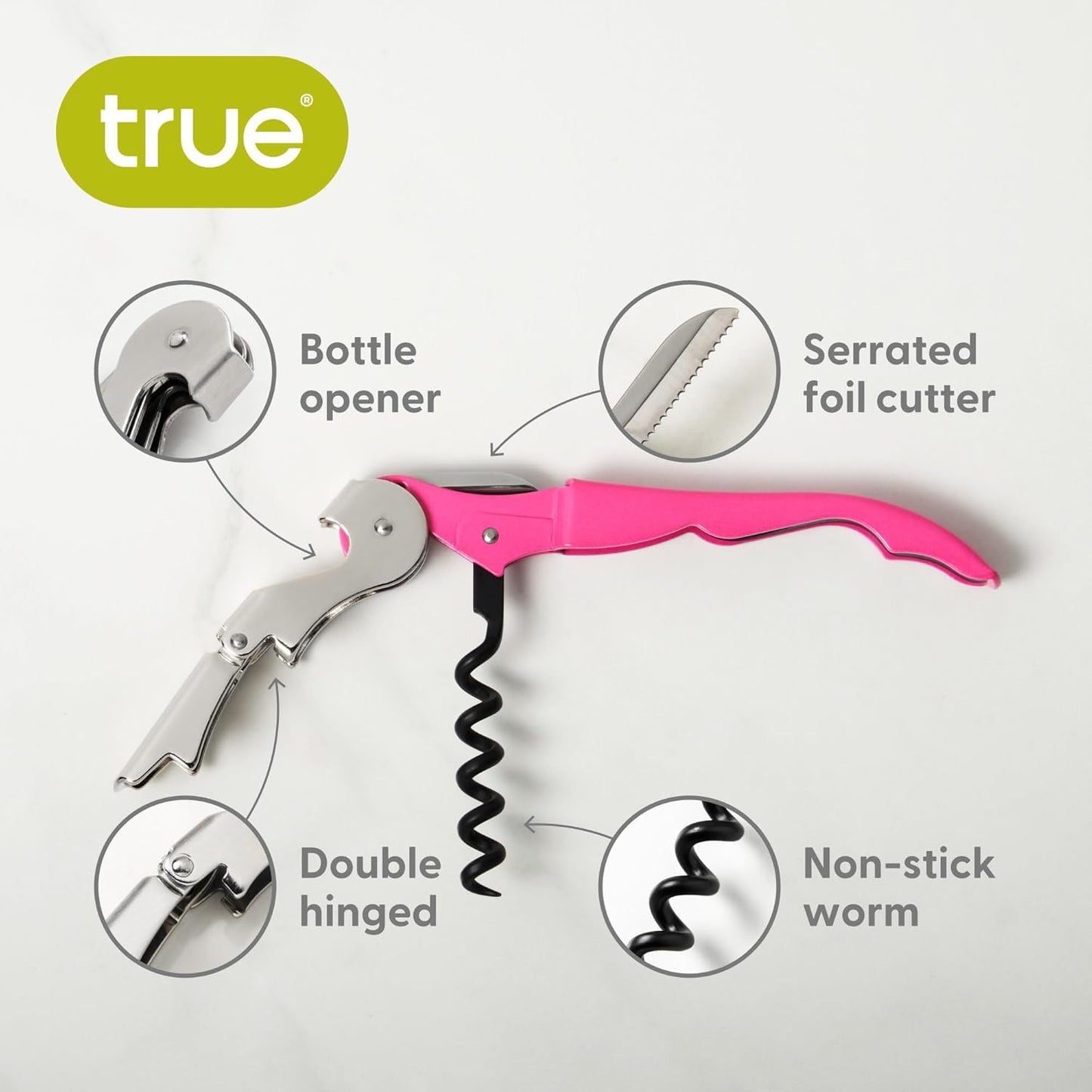 True Brands TrueTap Double Hinged Waiters Corkscrew, Top-notch Stainless Steel Opener with Foil Cutter Built to Last Wine Key Pink, Set of 1