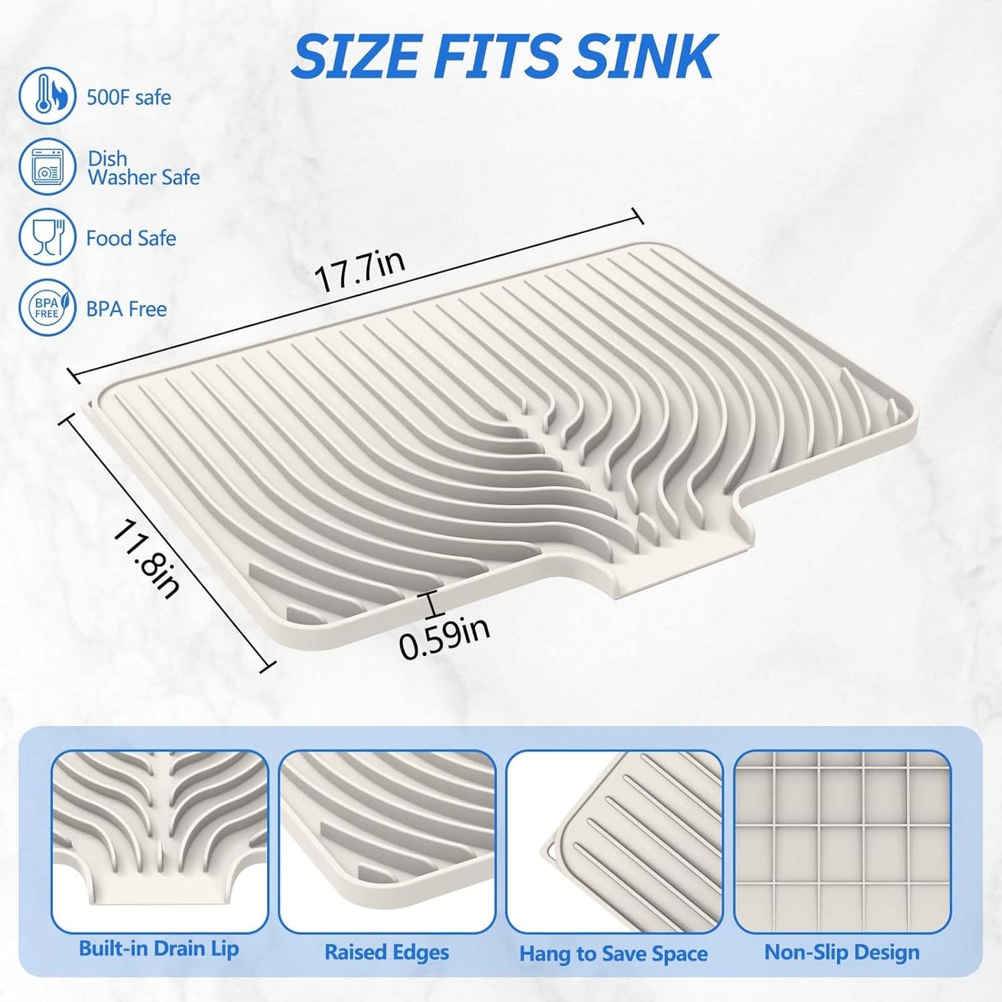 Silicone Dish Drying Mat for Kitchen Counter with Built-in Drain, Easy Clean Pad for Countertop Protection, Fast Self-Draining Slope, Non-Slip, Multiple Use 17.7 x 11.8 Inch ( Tapioca)