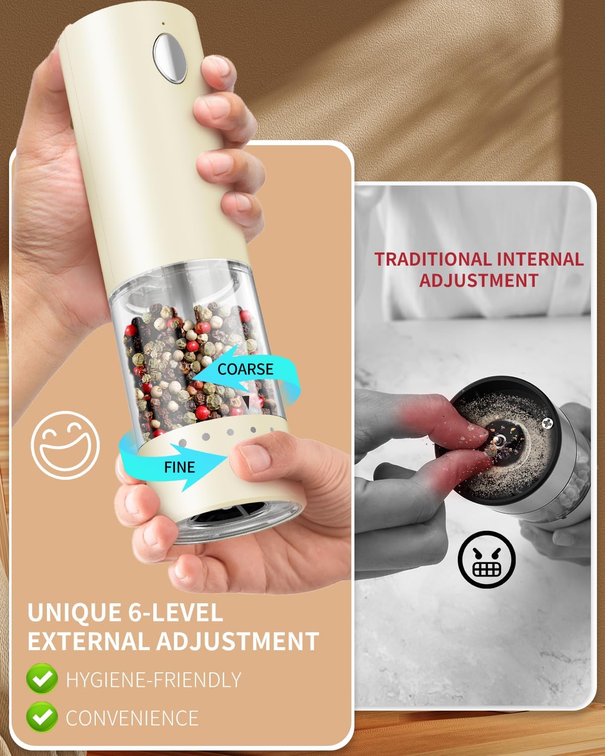 CIRCLE JOY Electric Salt and Pepper Grinder Set Rechargeable Salt and Pepper Mills with Storage Base, Adjustable Coarseness and LED White Light, Washable 95ml Container, Light Yellow