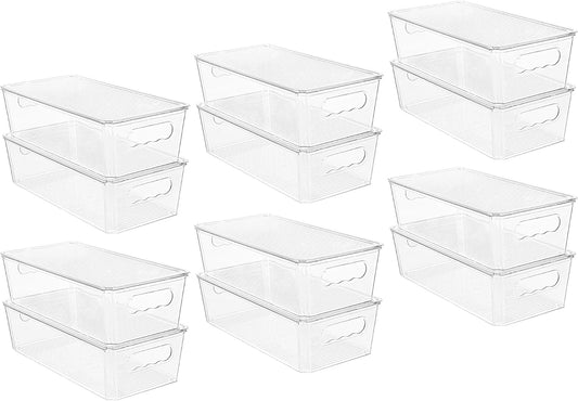 Vtopmart 12pcs Clear Organizers and Storage Bins with Lids, Stackable Plastic Storage Containers with Handles for Fridge, Freezer, Pantry, Cabinet, Kitchen Organization