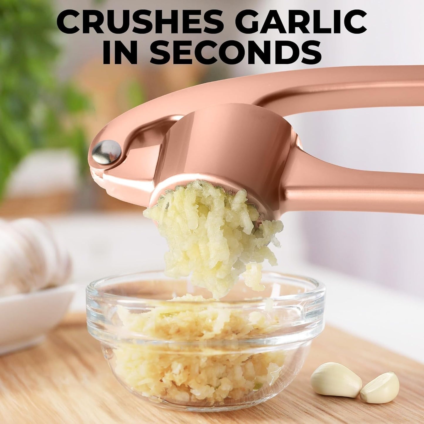 Zulay Kitchen Premium Garlic Press Set - Rust Proof & Dishwasher Safe Professional Garlic Mincer Tool - Easy-Squeeze, Easy-Clean with Soft Handle - Silicone Garlic Peeler & Brush (Rose Gold)