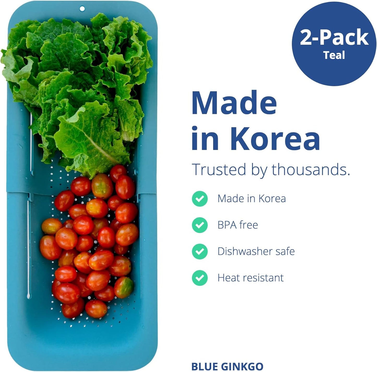 BLUE GINKGO Sink Colander Baskets - (Pack of 2) Wash Vegetables and Fruits, Drain Cooked Pasta and Dry Dishes - Extendable - New Home Kitchen Essentials (2 Teal)