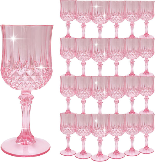 Plastic Wine Glasses，Plastic Goblets Vintage Style Cordial Drinking Glasses for Wedding Reception, Grand Event Party Supplies (24, Pink)