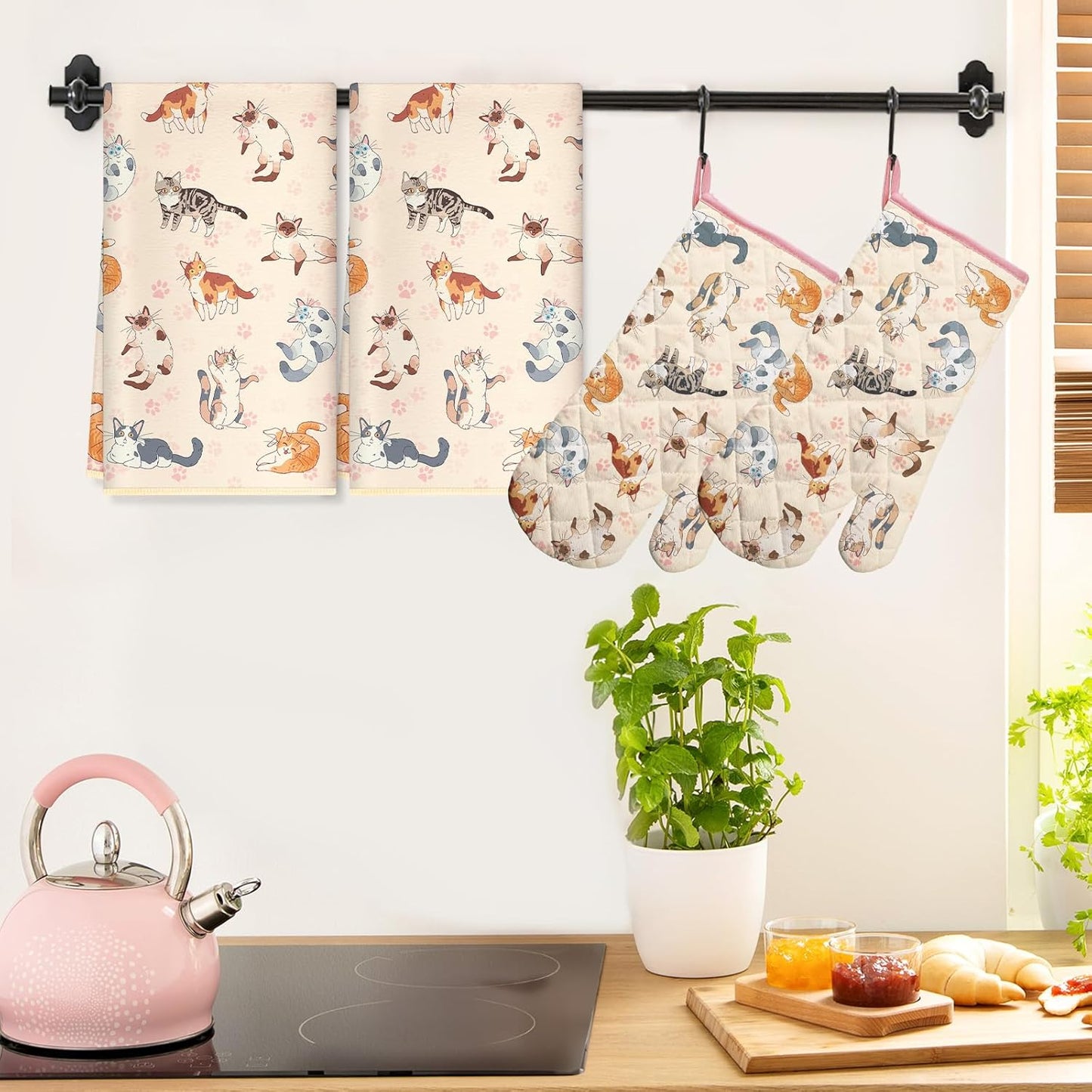 Cute Cat Kitchen Towels and Oven Mitts Set 4Pcs, Soft Absorbent Dish Cloth Heat Resistant Oven Gloves for Cooking Baking Kitchen Decoration, Gifts for Her