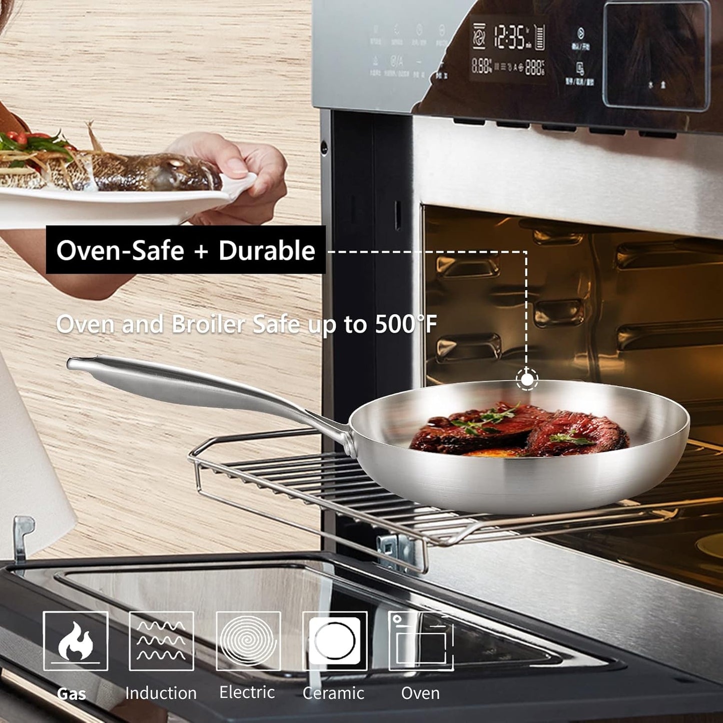 LOLYKITCH 8.5 Inch Tri-Ply Stainless Steel Frying Pan,Small Skillet,Induction Cooking Pan,Dishwasher and Oven Safe,Rivet Handle