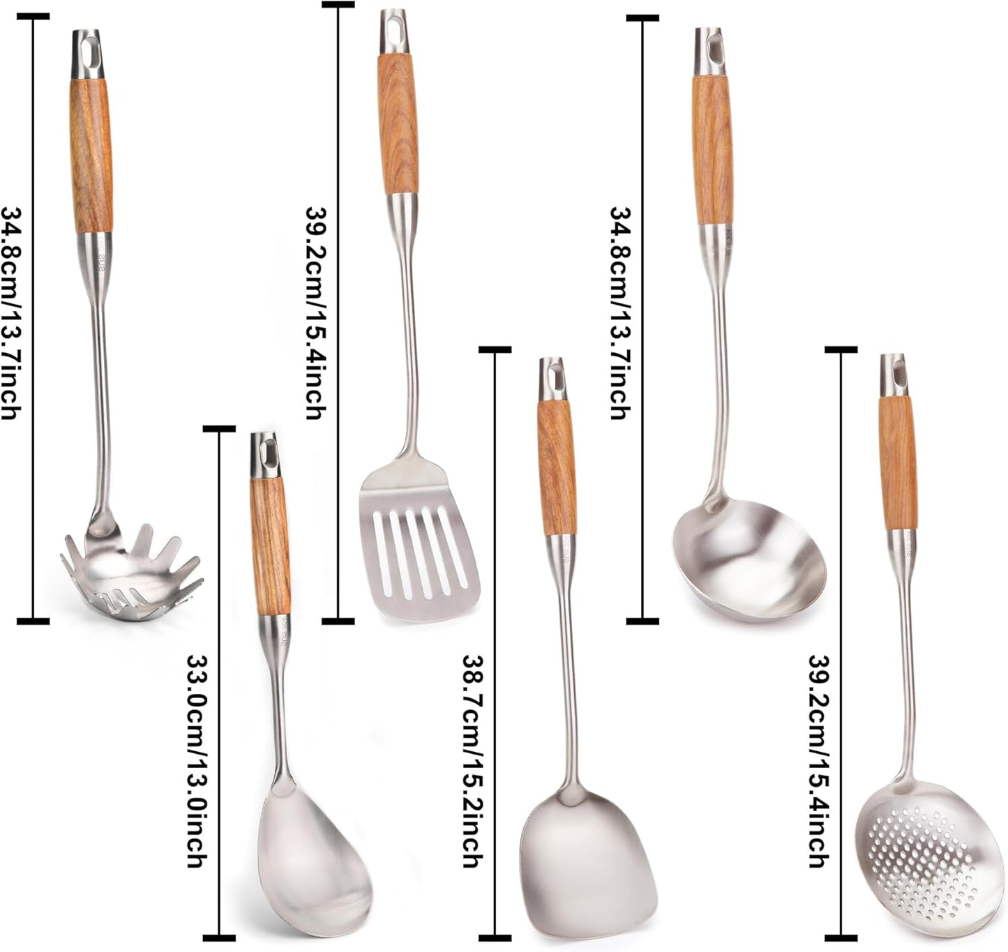 FJNATINH Wok Utensils for Carbon Steel, Stainless Steel Wok Spatula Metal Set, 6-Pieces 13-15 Inch Extra Long, Wok Tools Professional Set, Wooden Handle Skimmer, Soup Ladle, Slotted Turner