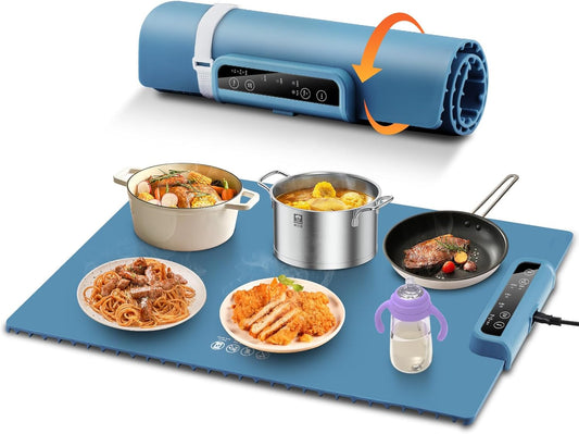 Warming Mat for Food, Full Surface Heating Electric Warming Tray for Food, 3-Temperature Settings Portable Food Warming Mat, Auto Shut-Off Rollable Warming Trays for Buffets Party, Gatherings Blue